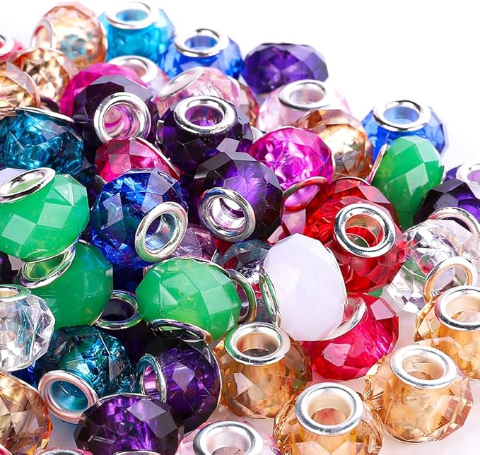 100 Pieces 14mm European Large Hole Spacer Beads Mix Color with Silver Brass Cores Assortments Charm Lampwork Beads Supplies for Necklace Bracelets Jewelry Making (Faceted)