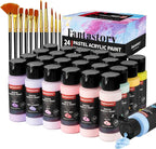Fantastory Pastel Acrylic Paint Set, 24 x 2oz Creamy Pastel Colors +12 Brushes, Exceptional Coverage, Craft Painting Kit, for Canvas/Rock/Ceramic/Model/Wood,Painters,Instructors. [Professional Series]