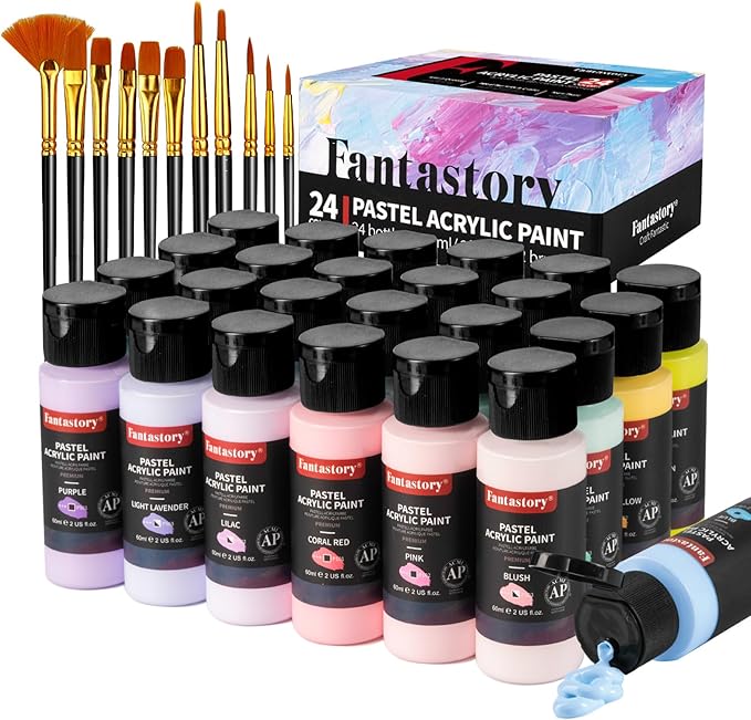 Fantastory Pastel Acrylic Paint Set, 24 x 2oz Creamy Pastel Colors +12 Brushes, Exceptional Coverage, Craft Painting Kit, for Canvas/Rock/Ceramic/Model/Wood,Painters,Instructors. [Professional Series]
