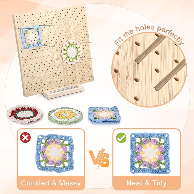 OGANAZI 15" Foldable Crochet Blocking Boards for Crochet Projects, Wooden Granny Square Blocking Board with 30 Pegs, Handcrafted Knitting Blocking Mat, Ideal Crocheting Accessories Gift for Crocheters