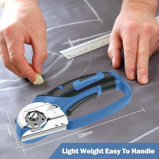 Cordless Electric Scissors, 4V Box Cutter & Cardboard Cutter with Upgrade Blade, LED Light, Safety Lock - Rechargeable Rotary Cutter for Fabric, Leather, Plastic, Sewing, Industrial (Steel Blue)