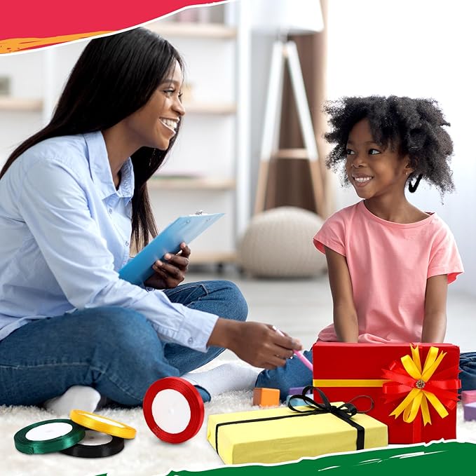 DECYOOL 4 Rolls Black History Month Ribbon Set, Red, Yellow, Green, Black Polyester Wired Ribbons Black History Month Ribbon for Gift Wrapping DIY Crafts Juneteenth and Kwanzaa Decorations