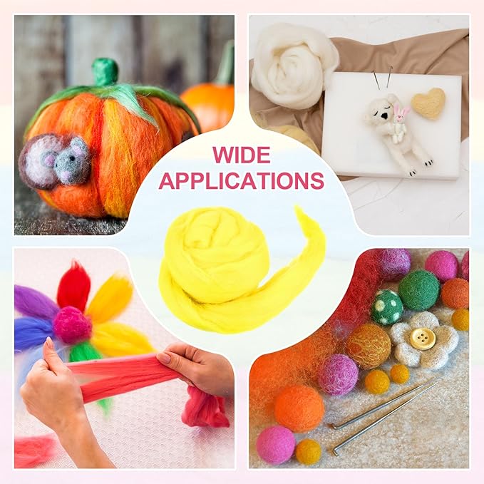 MECCANIXITY Wool Roving Yarn Soft Felting Wool 50g/1.76oz Pure Chunky Roving Yarn for Needle Felting Knitting Blanket Spinning Weaving Art DIY Craft Light Yellow