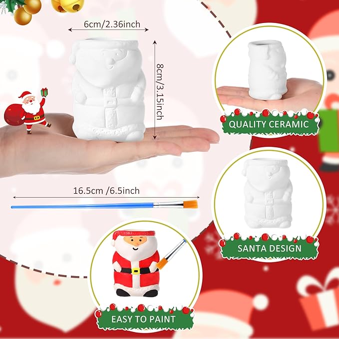 Pasimy 6 Set DIY Ceramic Succulent Planter Pots Paint Your Own Flower Pots Craft Kit Unpainted Bisque Paintable Flowerpot with Brush Palette Ready to Paint for Family Activity Gift(Santa)