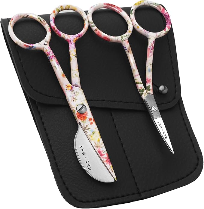 Small Embroidery 4.5 Inch Scissors Set of 2 Kit - Mini Double Bend Offset Duckbill and Double Bend Long Applique Needlepoint Blade with Pouch Sleeve (Floral)