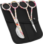 Small Embroidery 4.5 Inch Scissors Set of 2 Kit - Mini Double Bend Offset Duckbill and Double Bend Long Applique Needlepoint Blade with Pouch Sleeve (Floral)