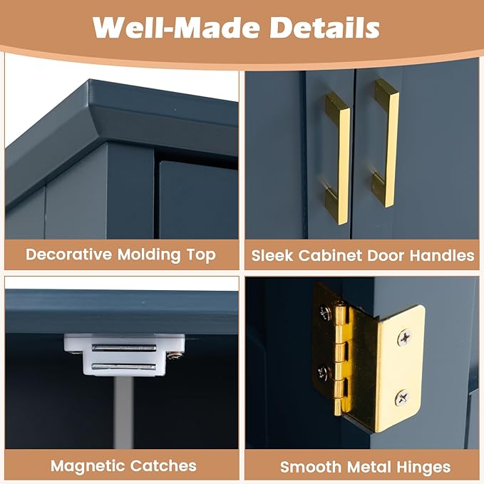 Tangkula Bathroom Floor Storage Cabinet, 43.5" H Freestanding Pantry Cabinet with 4 Doors and 2 Adjustable Shelves, Kitchen Cupboard for Living Room, Dining Room, Bathroom (Navy Blue, 43.5" H)