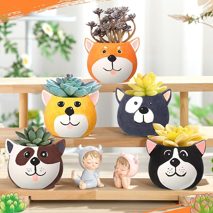 Pasimy 6 Set DIY Ceramic Succulent Planter Pots Paint Your Own Flower Pots Craft Kit Unpainted Bisque Paintable Flowerpot with Brush Palette Ready to Paint for Family Activity Gift(Dog)