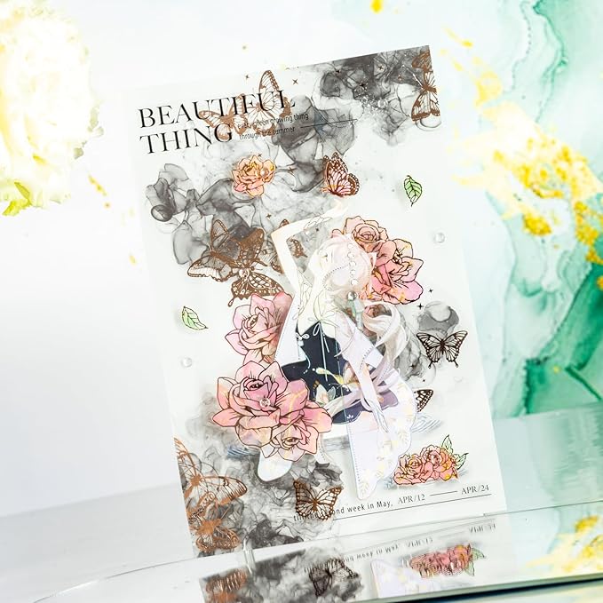 TIAMECH Starlight Flower Charm PET Stickers - 60 Pcs Orchid Peony & Sunshine Sweet Blossom Design, Waterproof Sticker for Journaling & Scrapbooking, Junk Journal Supplies, Ephemera & DIY Crafts