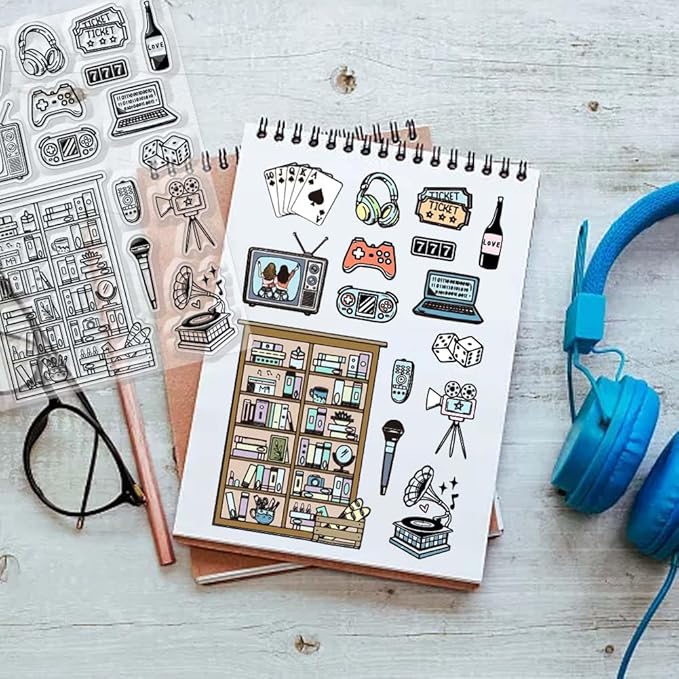CHGCRAFT Leisure Games Clear Stamps Bookshelf Record Player Stamps Silicone Stamps Transparent Paper Craft Stamps for Journaling Card Making DIY Scrapbooking Handmade Photo Album Notebook