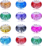 100 Pieces 14mm European Large Hole Spacer Beads Mix Color with Silver Brass Cores Assortments Charm Lampwork Beads Supplies for Necklace Bracelets Jewelry Making (Built-in Glitter Beads)