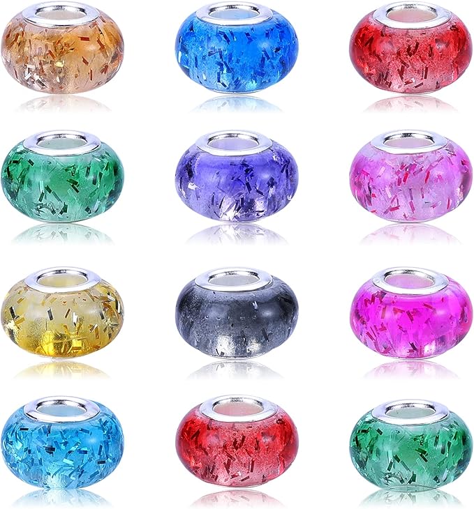 100 Pieces 14mm European Large Hole Spacer Beads Mix Color with Silver Brass Cores Assortments Charm Lampwork Beads Supplies for Necklace Bracelets Jewelry Making (Built-in Glitter Beads)