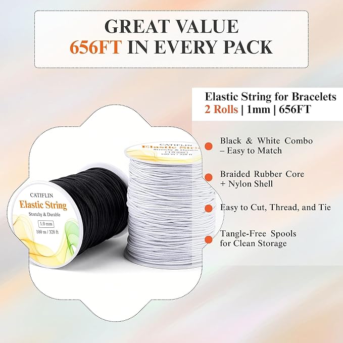 CATIFLIN Elastic String for Bracelets 2 Rolls 1mm 656FT, Stretchy Cord for Beading, Jewelry Making, Pony Beads, Charms, DIY Crafts, Black and White Nylon Thread, Strong Bracelet Supplies