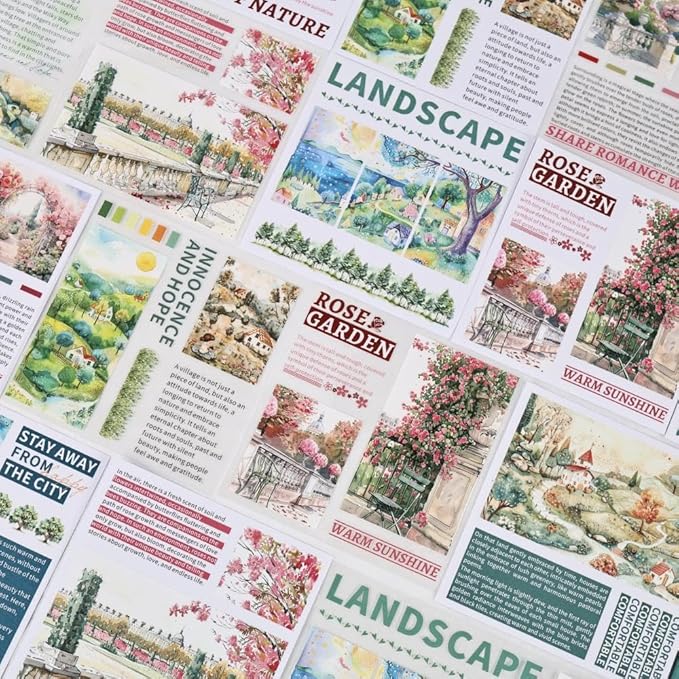 40 Sheets Pre-Cut PET Washi Sticker Books for Scrapbooking, Garden and Country Road Theme Decorative Background Scrap Book Stickers for Journaling, Junk Journal Supplies, Collage