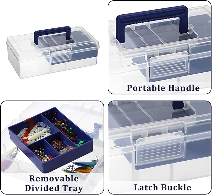 JUXYES Plastic Carry Storage Box with Removable Dividers, Clear Art Craft Supply Storage Bin Sewing Box with Handle Lid, 2 Layers Stationery Storage Case for School/Office Supplies