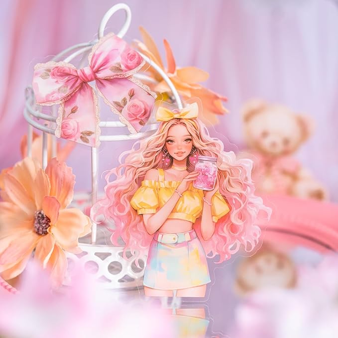 TIAMECH Pink Dream Girl PET Stickers - 100 Pcs Reading Time Lace Girl Maidens Sweetheart Design, Waterproof Sticker for Journaling & Scrapbooking, Junk Journal Supplies, Ephemera & DIY Crafts