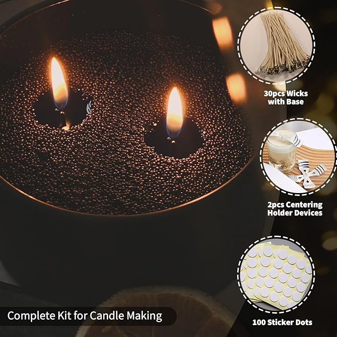 NICEME Black Customized Powder Candle Making Kit, 26Oz Refillable Beaded Wax Sand DIY Pearled Candle All Natural Reusable Candle Making Self Extinguish with 30PCS Wicks 2PCS Centering Devices