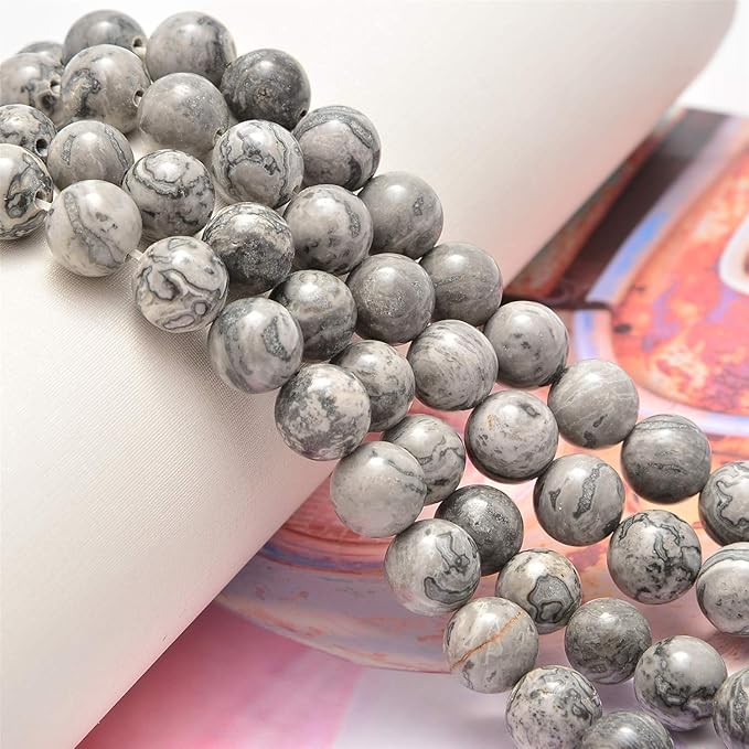 NCB 100pcs Original Natural Stone Beads Gemstone Round Loose Landscape(Map Japser) Beads 6mm 8mm 10mm (Landscape(Map Japser), 6mm 100Beads)