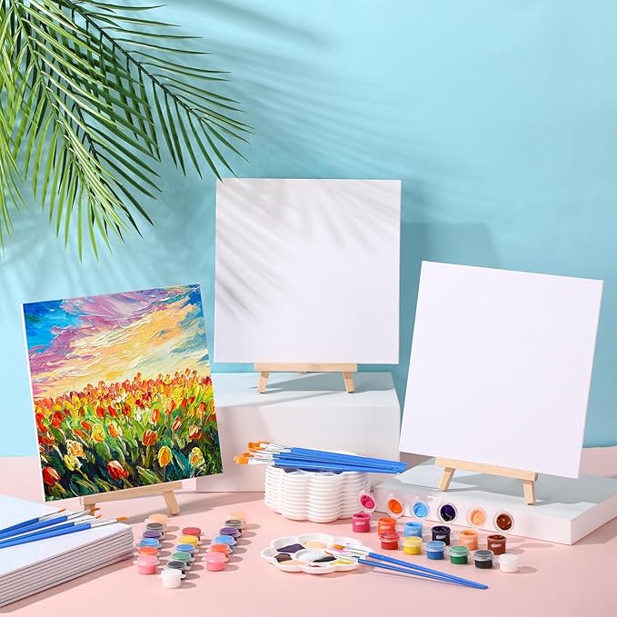 Qilery 24 Set 8 x 8 Inch Canvas Boards and Easel for Painting, Acrylic Paint Strips, Palettes, Brushes, Canvases Painting Kits for Kids Adults Artists Beginners Oil Acrylic Painting Party Favors