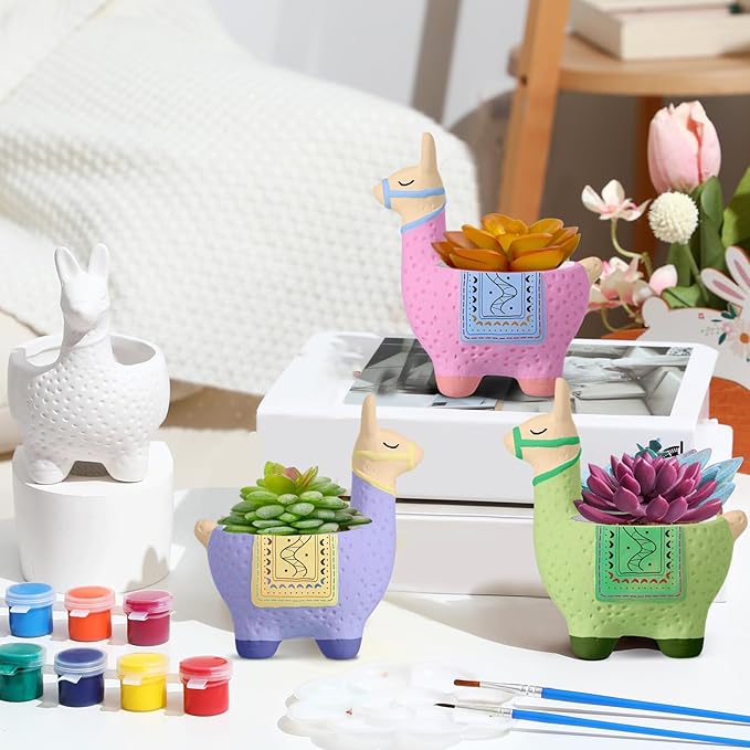Pasimy 6 Set DIY Ceramic Succulent Planter Pots Paint Your Own Flower Pots Craft Kit Unpainted Bisque Paintable Flowerpot with Brush Palette Ready to Paint for Family Activity Gift(Alpaca)