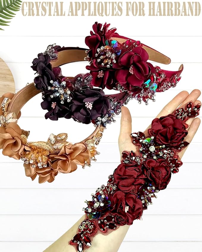 1pc Handmade Rhinestone Applique for Clothes, 3D Flower Fabric Patches for Wedding Dress, Bling Beaded Embroidery Lace Applique for Hat Hairband Sewing Embellishment (Deep Blue)