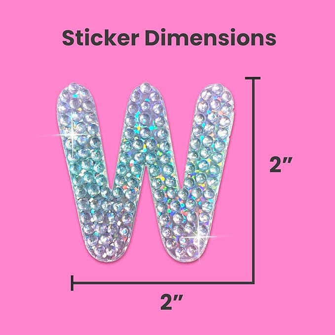 StickerBeans® Rhinestone Alphabet Letter Sticker W - Unique Sparkly Design 2” x 2” Cut-to-Shape Adhesive - Personalization, Collecting, Gifting, Scrapbooking, Decorating Laptops, Phone Cases, All Ages