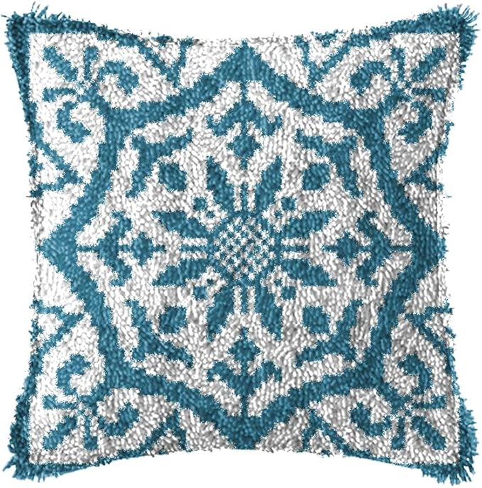 LAPATAIN Latch Hook Kits for DIY Throw Pillow Cover,Blue Flower Pattern Needlework Cushion Cover Hand Craft Crochet for Great Family 17x17inch