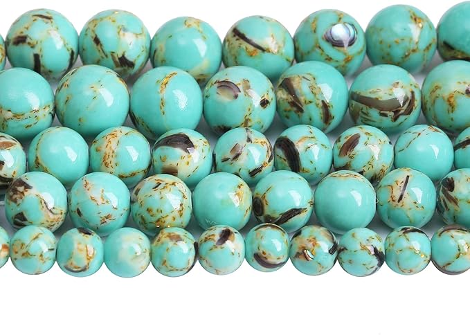 6mm 63pcs Turquoise Beads with Mother of Pearl Blue Howlite Shell Turquoises Stone Round Beads for Jewelry Making Bracelet