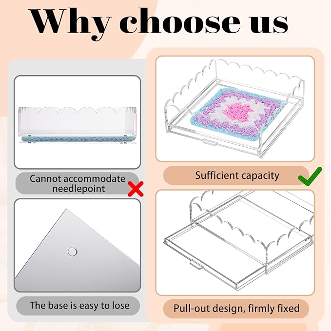 1 Pcs Acrylic Scalloped Tray Large Clear Acrylic Tray with Drawer for Insert Customizable Photos, Art, and Fabric Scalloped Basket for Needlepoint Napkin Frame Display Messages (12" X 12")