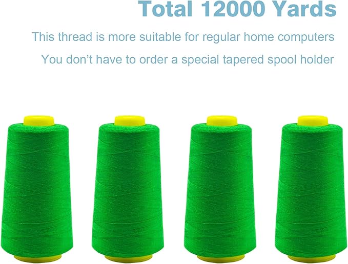 Green Serger Thread, All-Purpose Thread for Sewing, Polyester, 4 Cones of 3000 Yards Each Spool for Sewing Machine