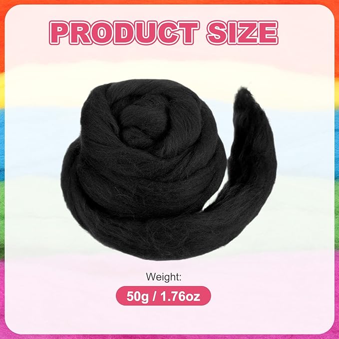 MECCANIXITY Wool Roving Yarn Soft Felting Wool 50g/1.76oz Pure Chunky Roving Yarn for Needle Felting Knitting Blanket Spinning Weaving Art DIY Craft Black