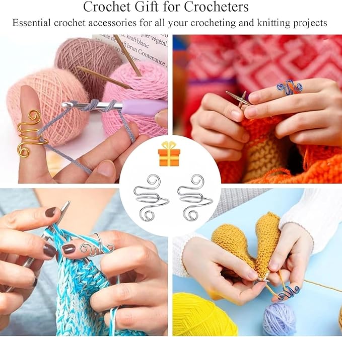 2Pcs Crochet Rings for Finger, Adjustable Open Yarn Guide Crochet Tension Ring for Crocheting Knitting Accessories Supplies Metal Yarn Tension Loop Ring for Finger (Silver)