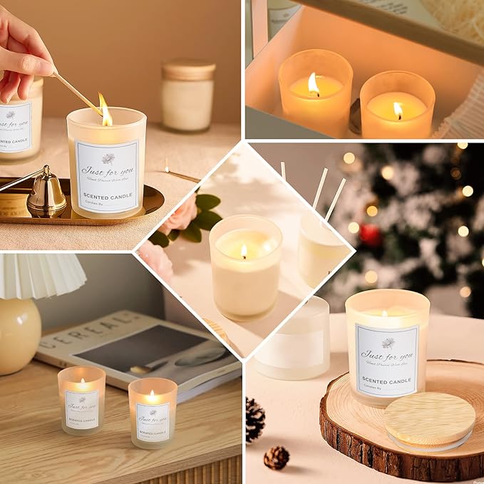 CONNOO 15 Pack 7 OZ Frosted Empty Candle Jars with Bamboo Lids and Sticky Labels for Making Candles - Thick Glass Candle Jars in Bulk with Lids. Dishwasher Safe.