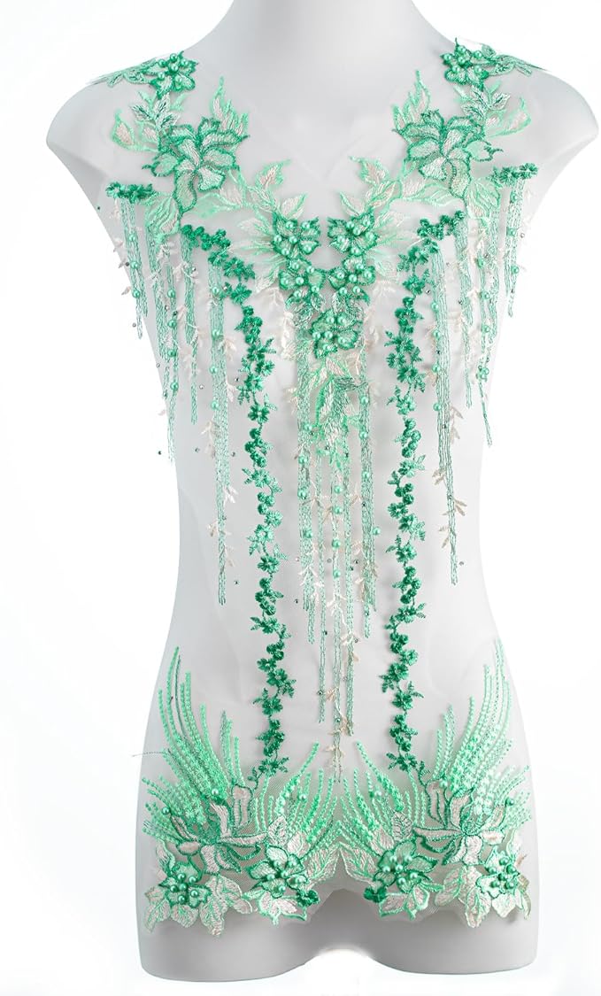 Beaded Pearl Flower Fabric Lace Applique, Floral Embroidered Patches Handmade Sewing Tool for DIY Neckline Bodice Wedding Bridal Prom Dress(Green-Large)