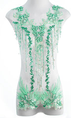 Beaded Pearl Flower Fabric Lace Applique, Floral Embroidered Patches Handmade Sewing Tool for DIY Neckline Bodice Wedding Bridal Prom Dress(Green-Large)