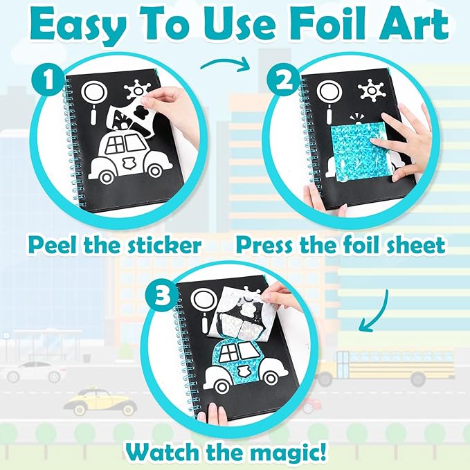 FUNNYB&G Foil Art Craft for Kids - Christmas Crafts Gift Party Favors Stocking Stuffers for Kids Fun Art Supplies Creative Birthday Gift Travel Toys for Girls Boys 4 5 6 7 8 9 Years Old (Vehicle)