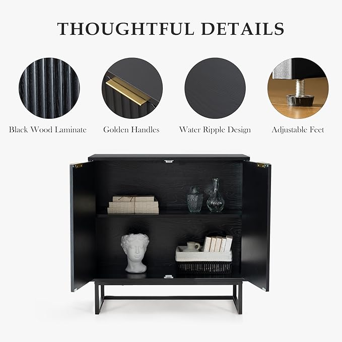 Fluted Storage Cabinet, Sideboard Buffet with Adjustable Shelves, Multifunctional Console Table with Storage Credenza for Living Room, Dining Room, Hallway, Black
