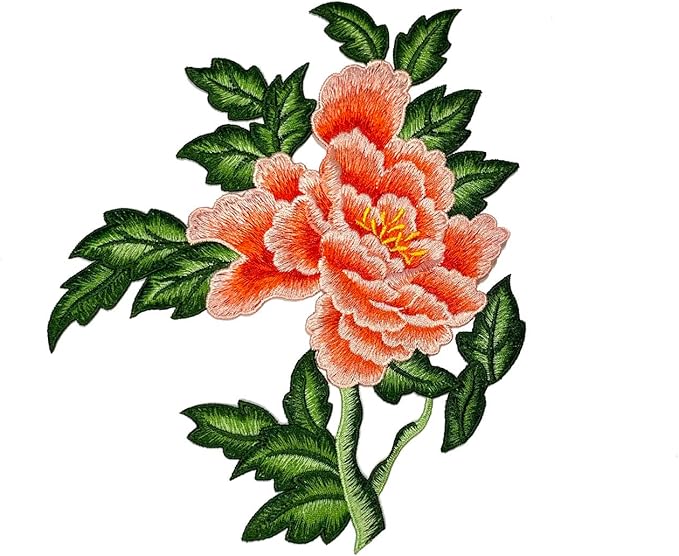 Sew on Peony Patches, Embroidered Flower Appliques for DIY Clothing, Jackets, Jeans, Backpacks, Hats, Arts Craft Sew Making (Orange Peony with Leaf L)