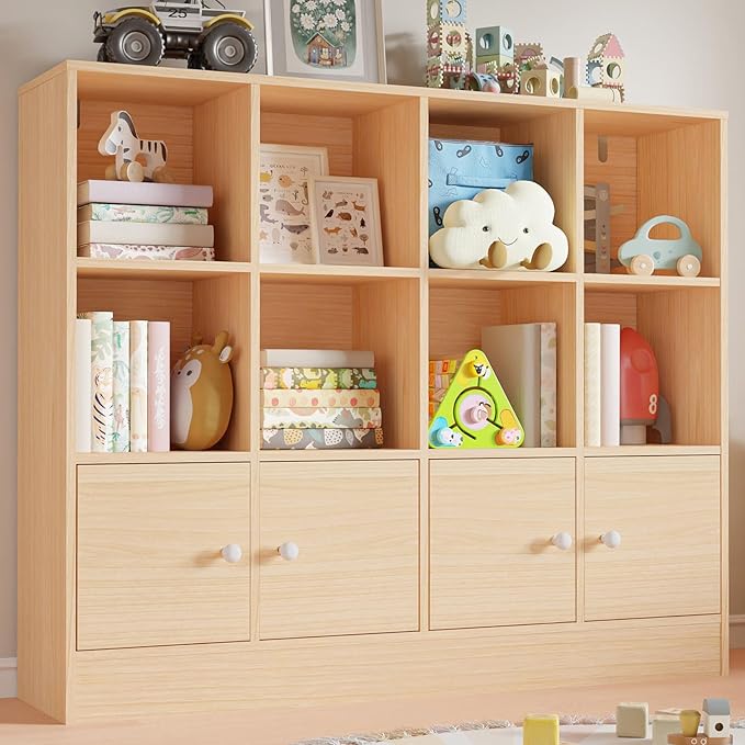 Cozy Castle Oak Wood Bookcase, 12 Cube Storage Organizer Shelf with 4 Doors, 3 Tier Storage Cabinet with Anti-Tilt Device for Bedroom, Living Room, Office