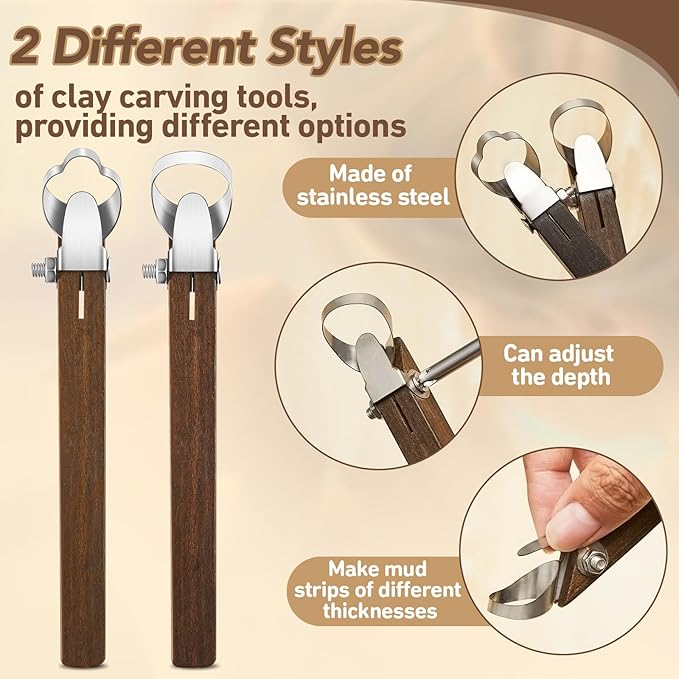 Therwen 2 Pcs Sculpture Scraper Pottery Carving Tool Pottery Cup Handle Shape Clay Extruder Tool Teacup Mug Handgrip Clay Cutters with Wooden Handle for Ceramic Sculpture Craft(Novelty Style)