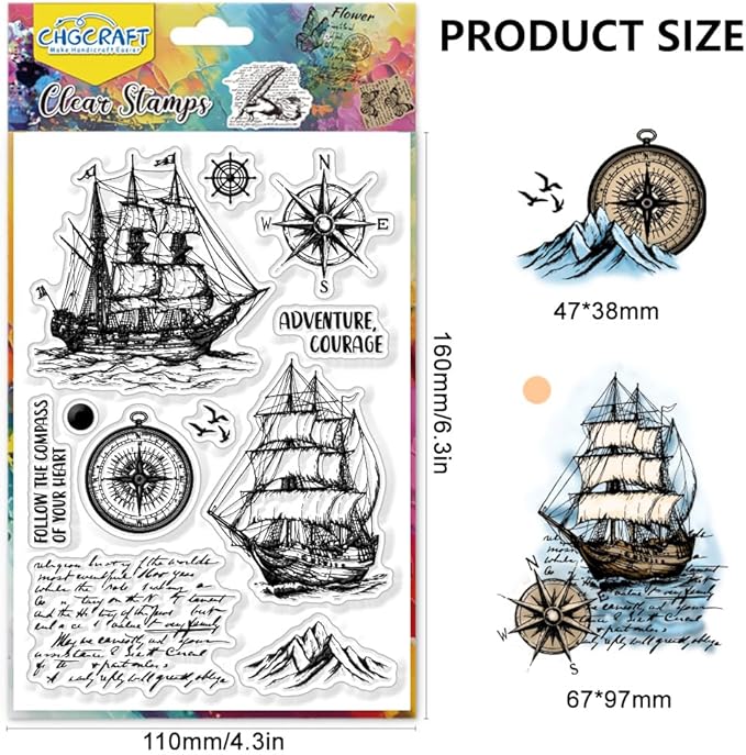 CHGCRAFT Vintage Sailboat Clear Stamps Compass Transparent Stamps Silicone Clear Stamp Seals for DIY Scrapbooking Photo Album Decoration, 4.3x6.3inch