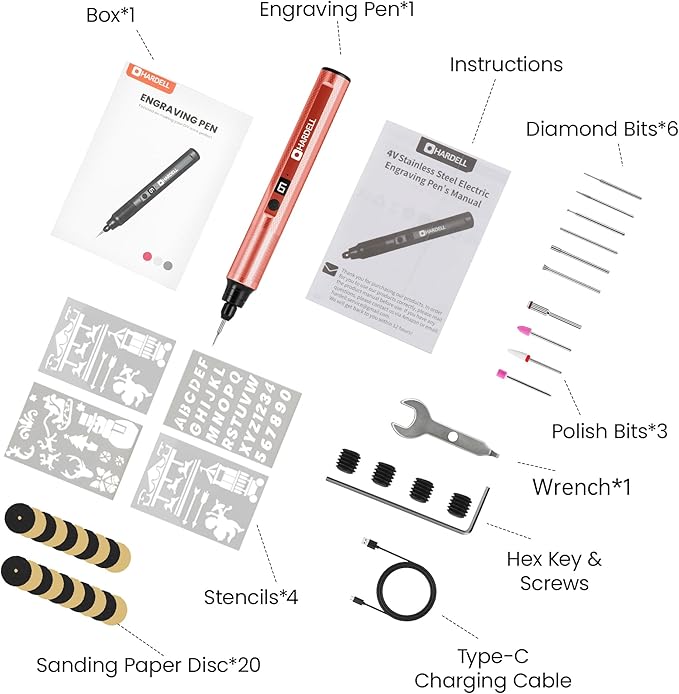 HARDELL Engraving Pen, 6 Speed, Rechargeable Engraver Pen for Artists & DIYers, Electric Engraving Tool with 41 Accessories, Engrave 60+ Surfaces, Engraving Pen for Metal, Wood, Glass and Plastic
