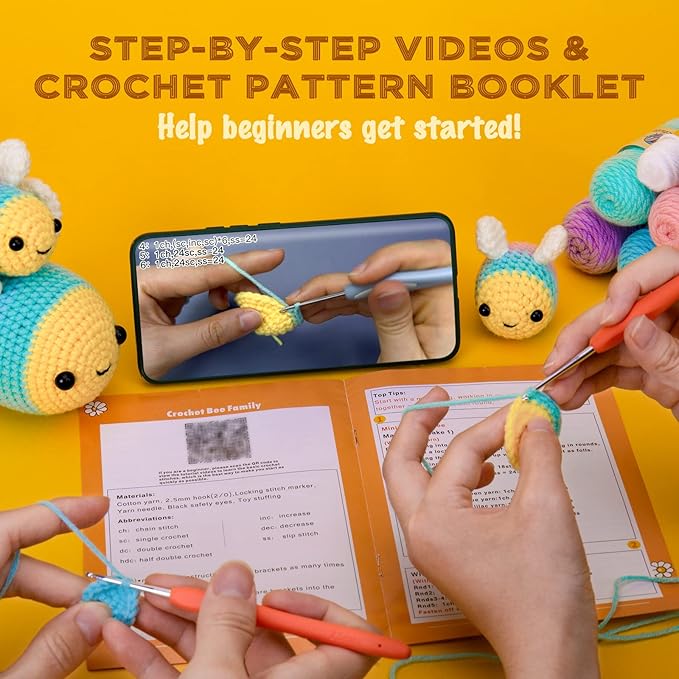 Crochetta Crochet Kit for Beginners, Beginner Crochet Starter Kit with Step-by-Step Video Tutorials, Beginner Crochet Kit for Adults, Knitting Kit for Beginners, 3 Bee Family(40%+ Yarn Content)