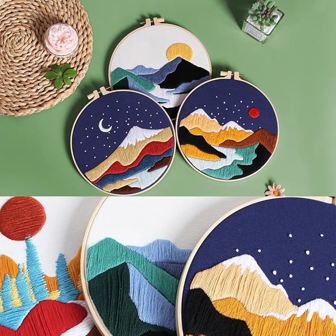 Konrisa Embroidery Kits for Adults Beginner Landscape Painting Pattern Stamped Embroidery Starter Kit DIY Sewing Needlepoint Cross Stitch Practice Kit,Set of 3