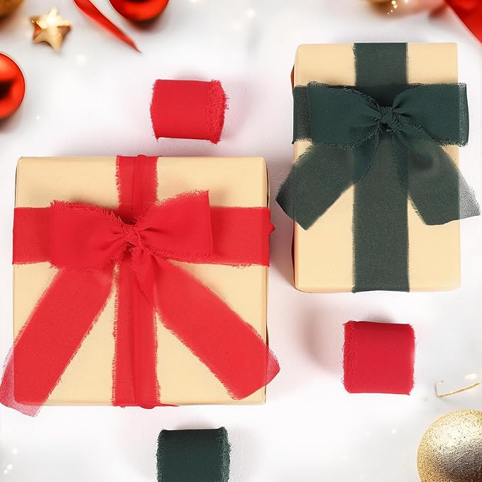 3 Rolls Christmas Handmade Fringe Chiffon Ribbon 1.5 Inch x 7 Yard Silk-Like Colorful Rustic Ribbon for Bouquets Wrapping Decor Wedding Tie Invitations Crafts