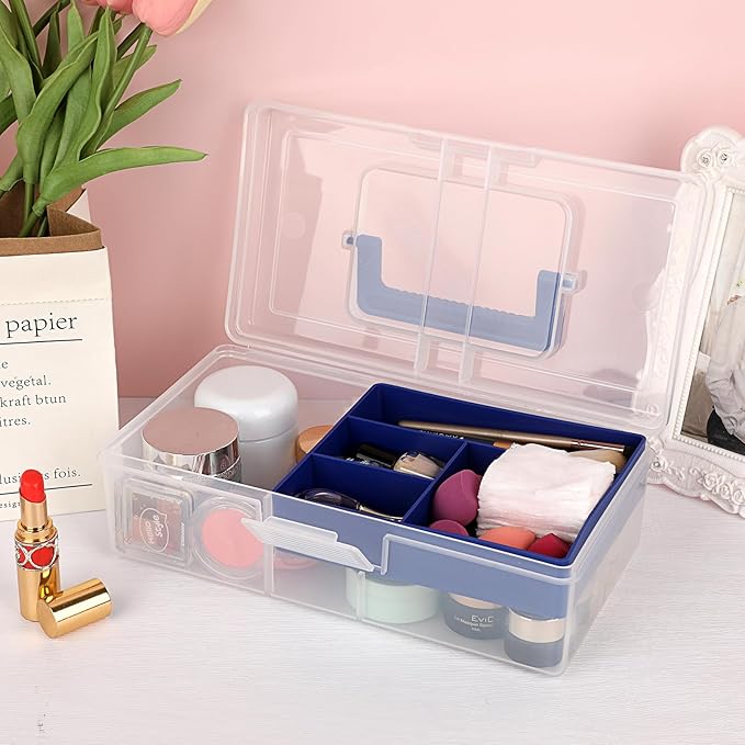 JUXYES Plastic Carry Storage Box with Removable Dividers, Clear Art Craft Supply Storage Bin Sewing Box with Handle Lid, 2 Layers Stationery Storage Case for School/Office Supplies