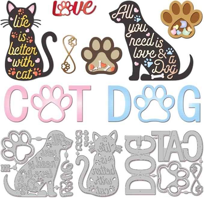GLOBLELAND Cat and Dog Shaker Cutting Dies for Card Making Pet Paw Shaker Cut Die for DIY Scrapbooking Journal Embossing Paper Craft Decor