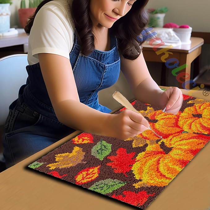 Latch Hook Kits for Adults, Pre-Printed Handmade Rug Crochet Yarns DIY Door Mat Kits for Home Decor Festival Gift 23.6"X15.8" (Pumpkin)