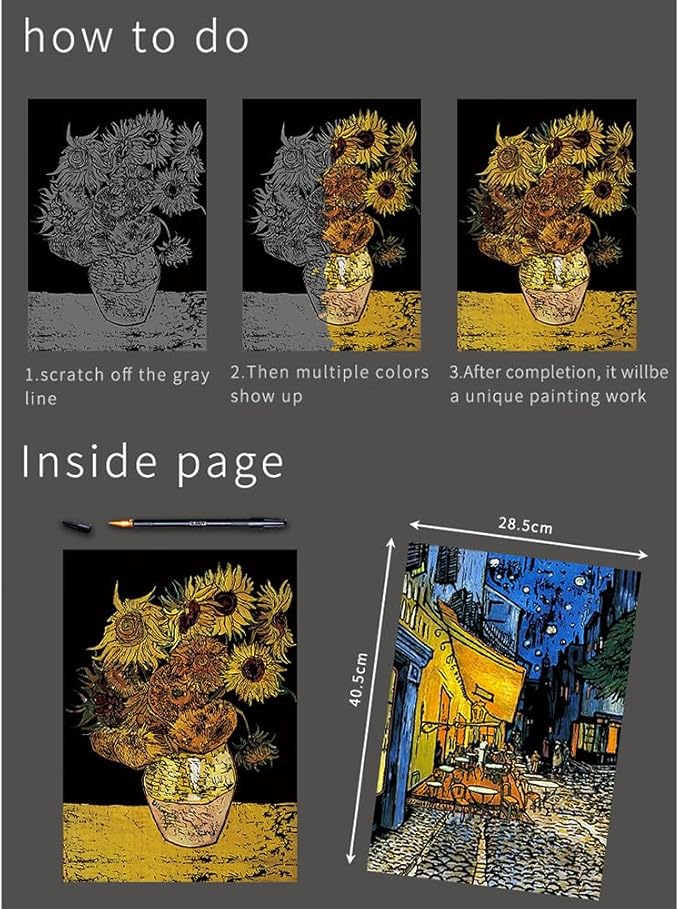 Scratch Art Painting Scratch Paper Rainbow Painting Sketch Pads DIY Art Craft Set， 4 Pcs Vincent Van Gogh Engraving and 24Pcs Classic Landmarks and Animal Series for Kids & Adults with 3 Tools