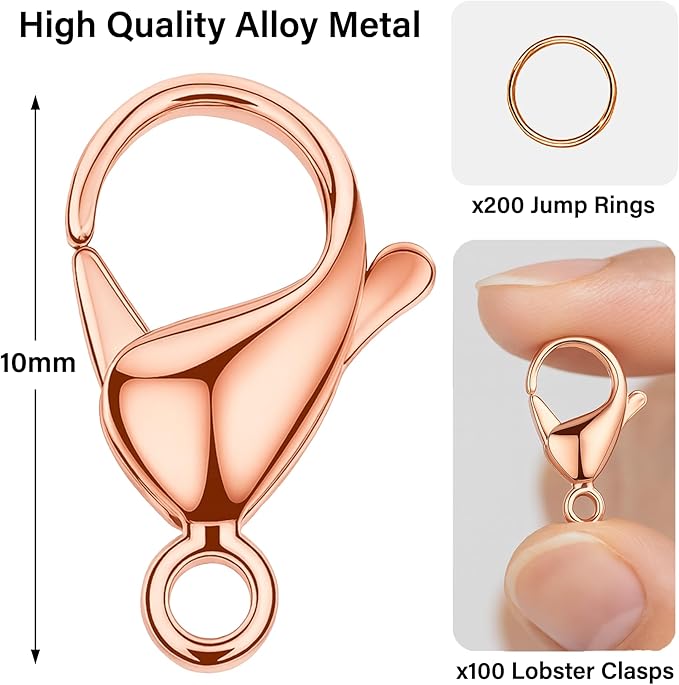 Mandala Crafts 10mm Rose Gold Color Metal Lobster Clasps for Jewelry Making - 100 Lobster Claw Clasps with Jump Rings Jewelry Findings Kit for Necklaces Bracelets Charms Fasteners